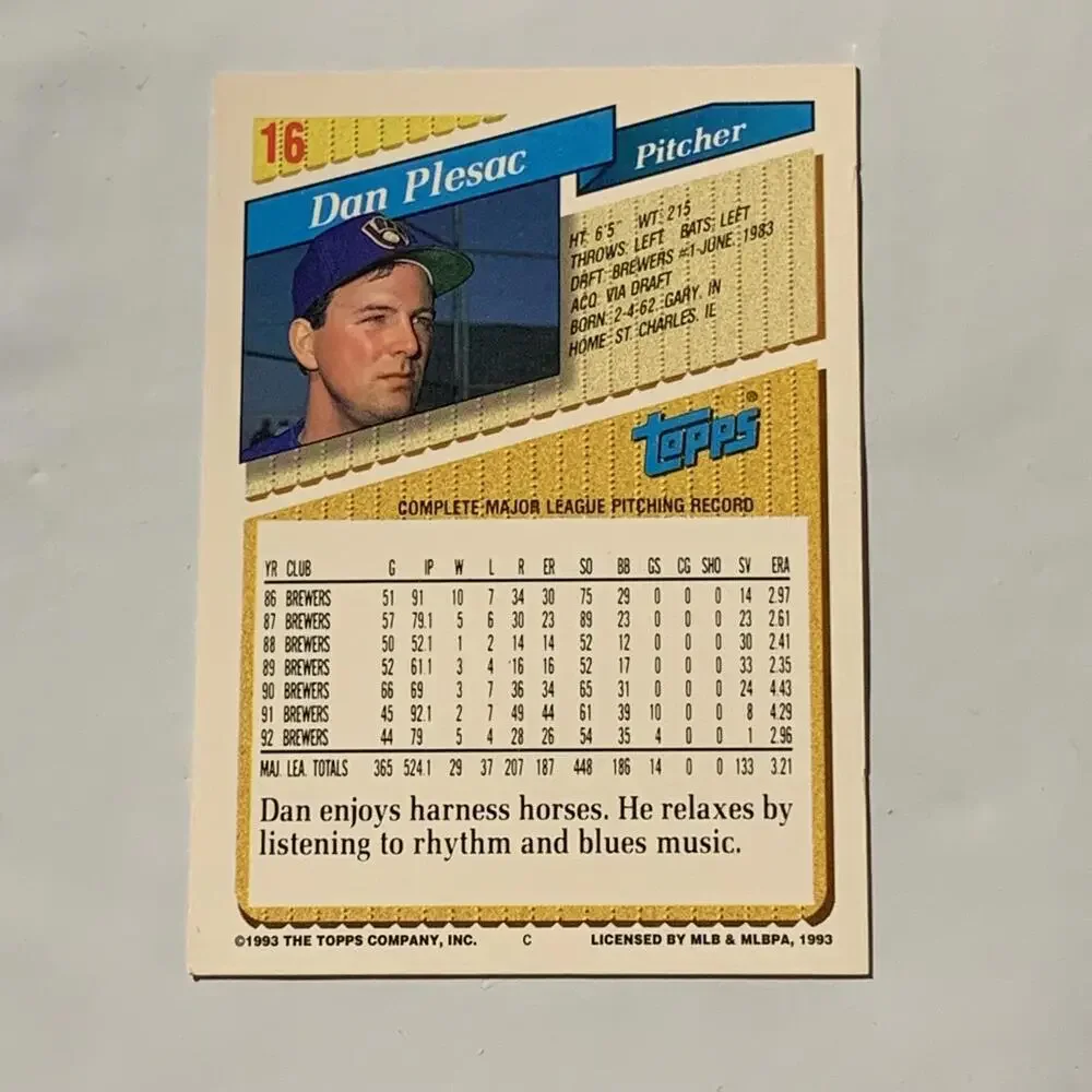 1993 Topps Dan Plesac Milwaukee Brewers Baseball‎ Card #16